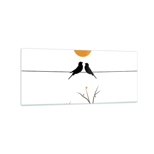 Impression sur verre - Image sur verre - Oiseaux sur une ligne avec un soleil jaune - 120x50cm - Soirée pour rossignols - Décoration murale moderne pour le salon et la chambre ARTTOR