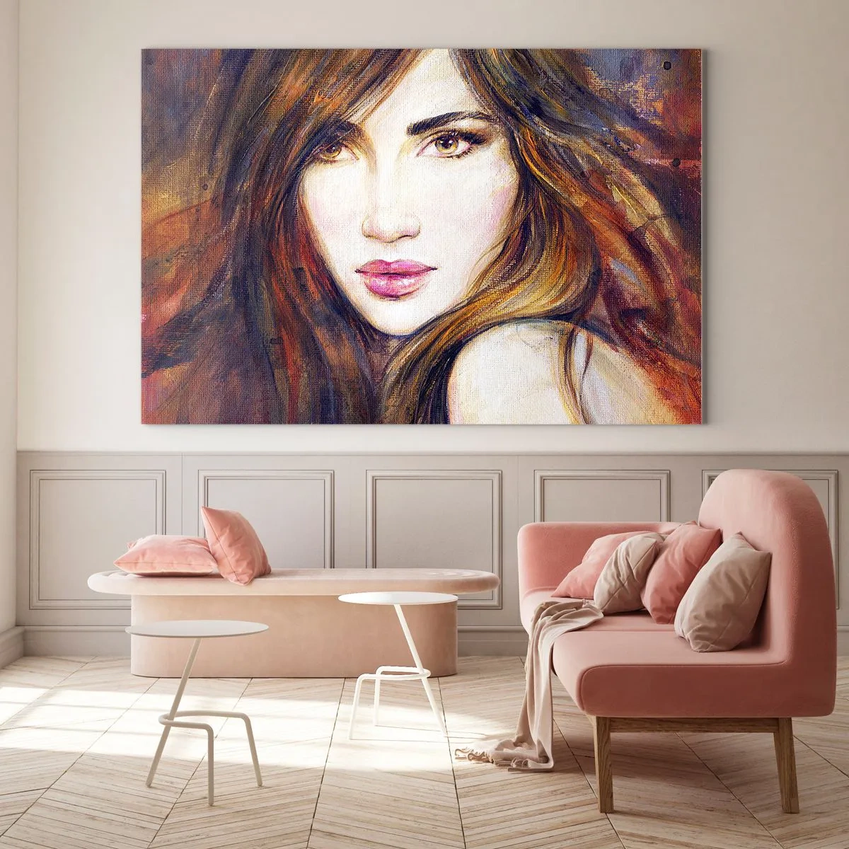 Impression sur verre - Image sur verre - Portrait d'une femme aux couleurs chaudes et artistiques - 100x70cm - Un sou pour vos pensées - Décoration murale moderne pour le salon et la chambre ARTTOR