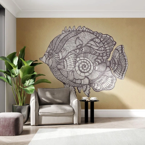 Papier Peint Photo Premium Sand - Poissons décoratifs sur fond doré en style zentangle - 100x70cm - D'un océan d'ornements - Décoration murale moderne pour le salon et la chambre ARTTOR