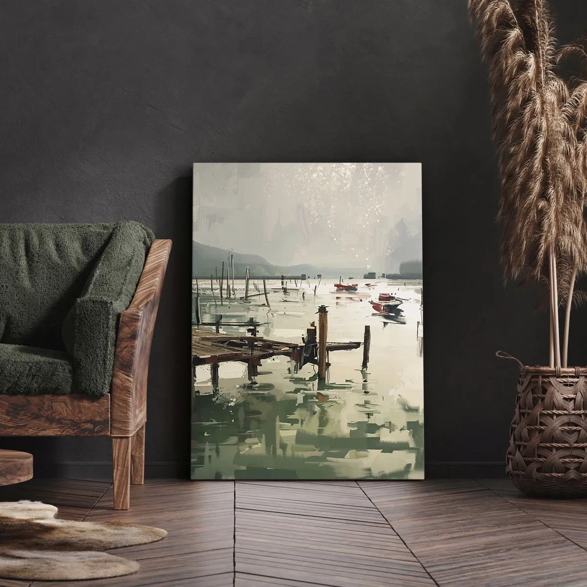 Impression sur toile - Image sur toile - Un port pittoresque avec des bateaux sur une eau calme - 50x70cm - Trempé dans une lune en fusion - Décoration murale moderne pour le salon et la chambre ARTTOR
