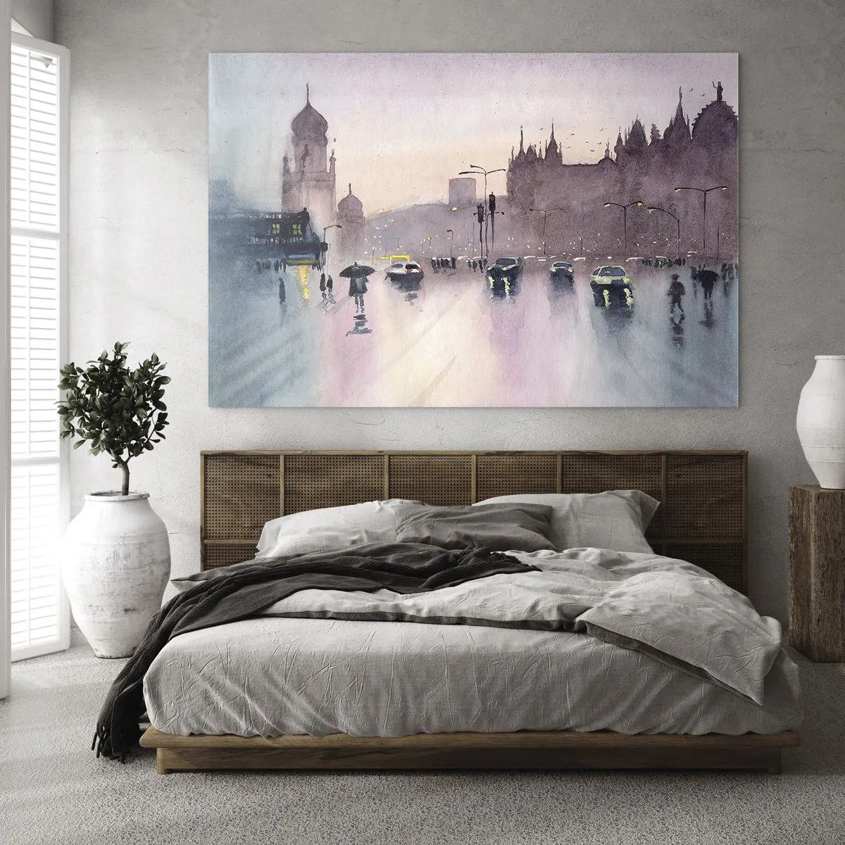 Impression sur verre - Image sur verre - Paysage urbain pluvieux - 70x50cm - Dans une brume pluvieuse - Décoration murale moderne pour le salon et la chambre ARTTOR