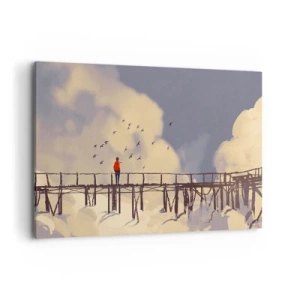 Impression sur toile - Image sur toile - Une silhouette sur un pont parmi les nuages avec des oiseaux dans le ciel - 100x70cm - Bleu nostalgie - Décoration murale moderne pour le salon et la chambre ARTTOR