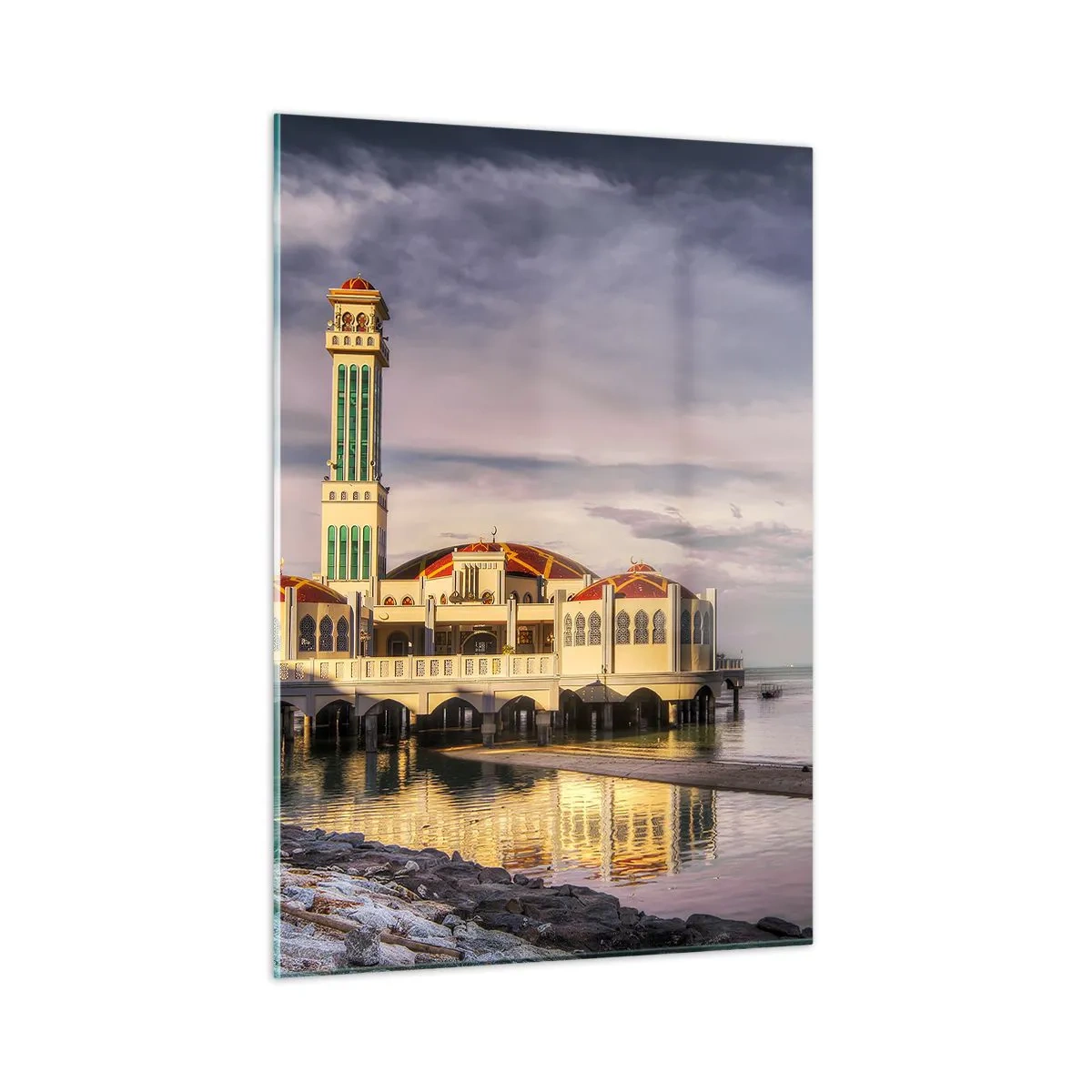 Impression sur verre - Image sur verre - Mosquée sur l'eau dans une lumière pittoresque - 50x70cm - Temple de la nature - Décoration murale moderne pour le salon et la chambre ARTTOR