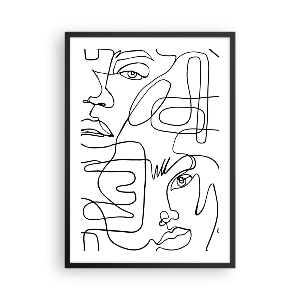 Affiche dans un cadre noir - Poster - Visages abstraits dessinés avec une seule ligne - 50x70cm - Dans des émotions enchevêtrées - Décoration murale moderne pour le salon et la chambre ARTTOR