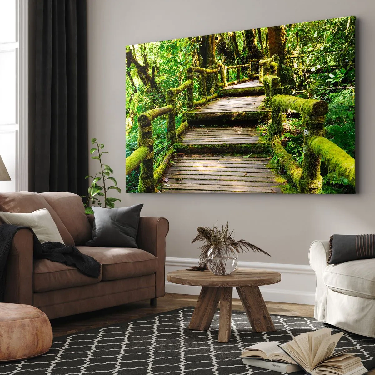 Impression sur toile - Image sur toile - Un pont en bois recouvert de mousse dans une forêt tropicale - 70x50cm - Un couloir de verdure - Décoration murale moderne pour le salon et la chambre ARTTOR