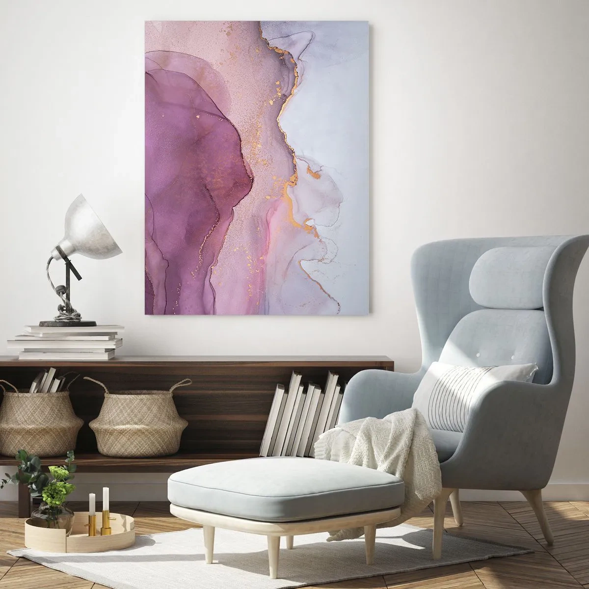 Impression sur verre - Image sur verre - Vagues abstraites dans des tons violets avec des accents dorés - 50x70cm - Vagues lilas et violettes - Décoration murale moderne pour le salon et la chambre ARTTOR
