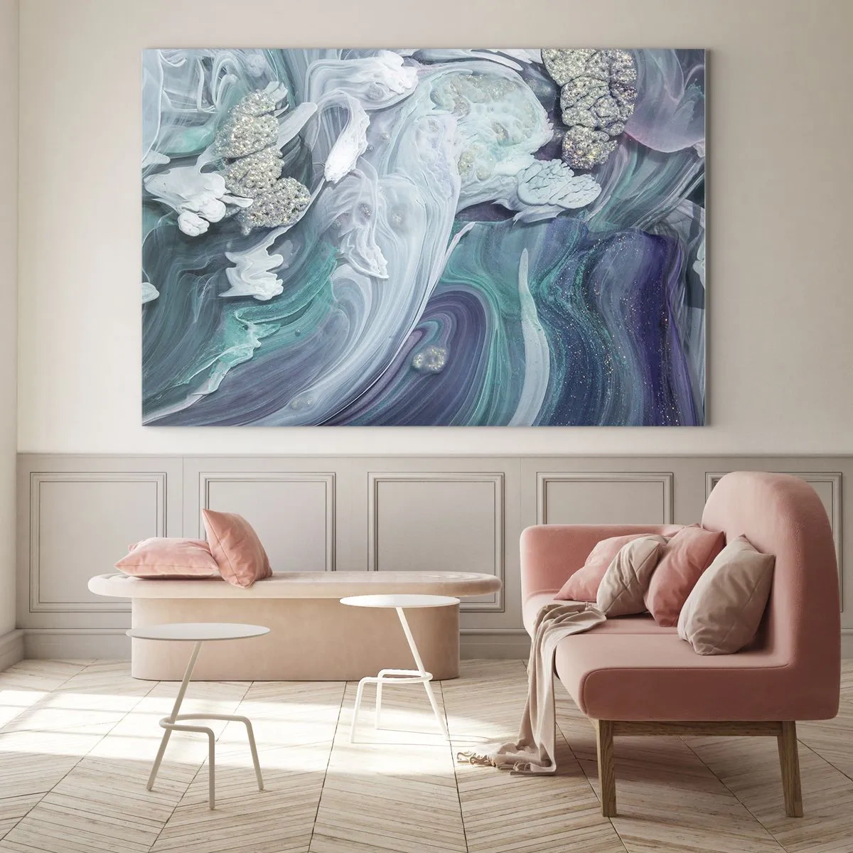 Impression sur verre - Image sur verre - Une composition abstraite dans des tons de bleu, violet et blanc. - 100x70cm - Courants bleus - Décoration murale moderne pour le salon et la chambre ARTTOR