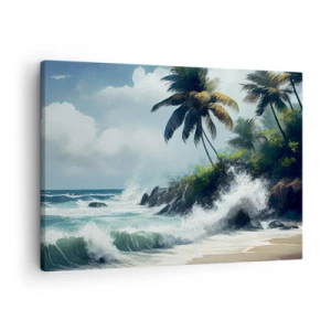 Impression sur toile - Image sur toile - Rivage tropical avec palmiers et mer agitée - 70x50cm - Sur une côte tropicale - Décoration murale moderne pour le salon et la chambre ARTTOR