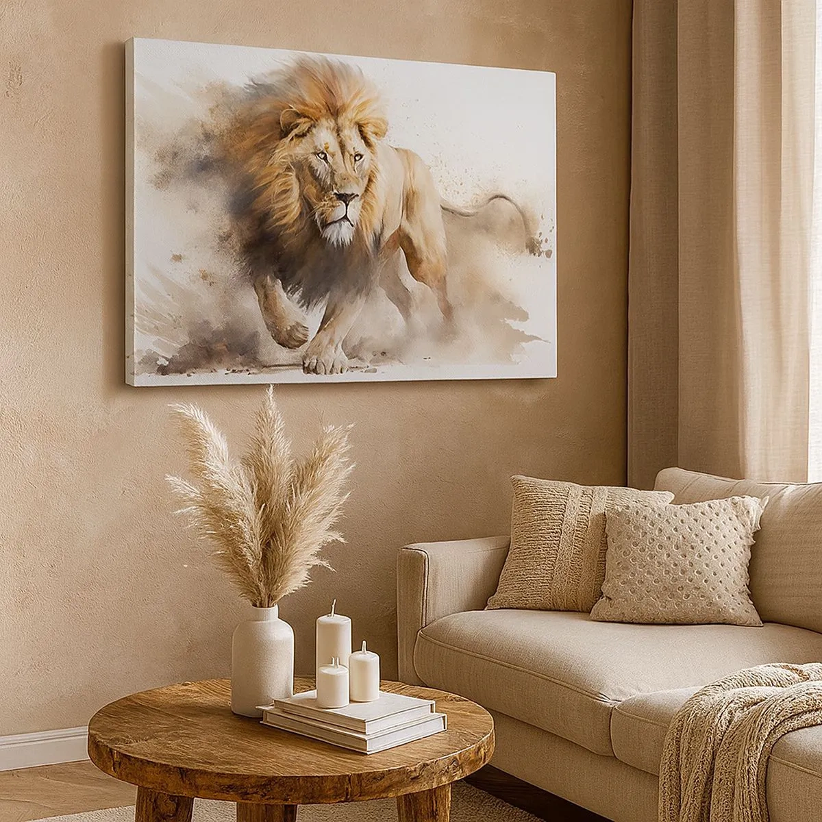 Impression sur toile - Image sur toile - Un portrait dynamique d'un lion aux couleurs naturelles. - 70x50cm - Le roi bougea - Décoration murale moderne pour le salon et la chambre ARTTOR