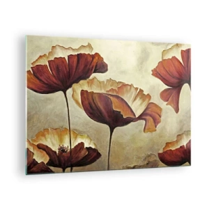 Impression sur verre - Image sur verre - Fleurs de pavot dans les tons de rouge et d'or sur fond clair - 70x50cm - À la lisière des champs - Décoration murale moderne pour le salon et la chambre ARTTOR