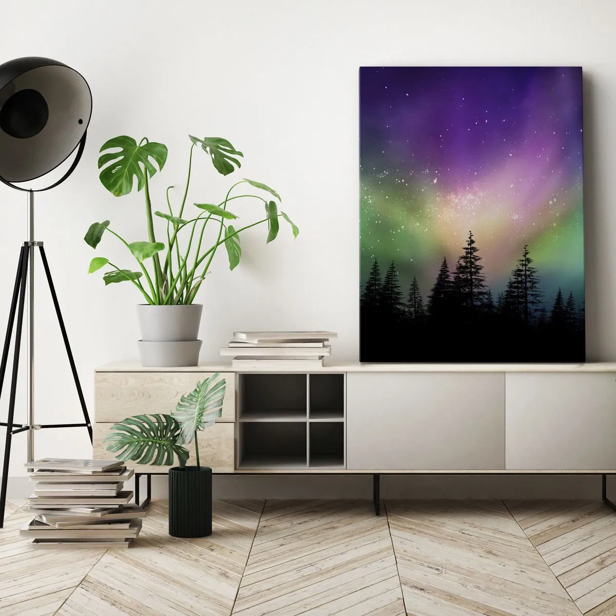 Impression sur toile - Image sur toile - Aurore boréale au-dessus d'une forêt avec un ciel étoilé - 50x70cm - Magie blanche - Décoration murale moderne pour le salon et la chambre ARTTOR