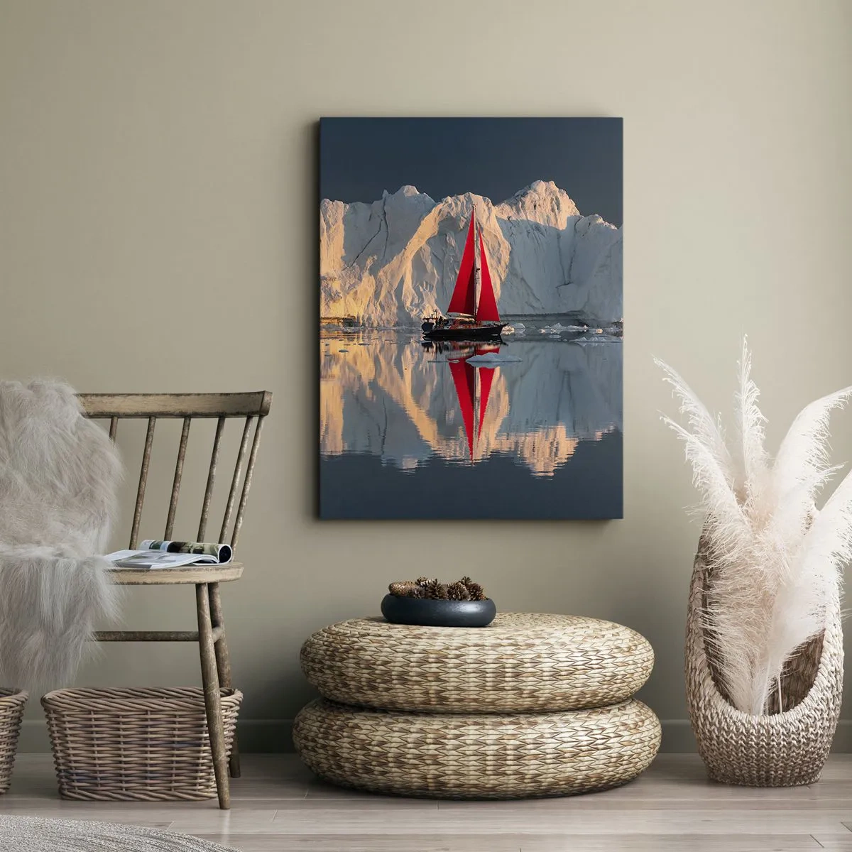 Impression sur toile - Image sur toile - Un voilier avec une voile rouge sur fond de glacier - 70x100cm - Aux limites du monde - Décoration murale moderne pour le salon et la chambre ARTTOR