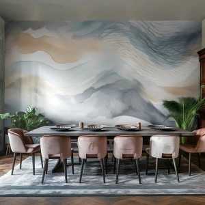Papier Peint Photo Premium Canvas - Une abstraction délicate avec un motif de montagne dans des tons pastel. - 100x70cm - Abstraction enneigée et brumeuse - Décoration murale moderne pour le salon et la chambre ARTTOR
