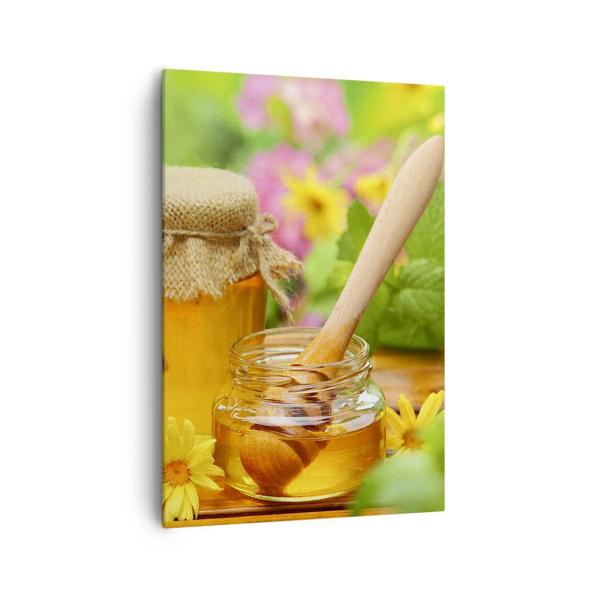 Impression sur toile - Image sur toile - Pots de miel avec des fleurs sur fond de jardin d'été - 70x100cm - Doux et fleuri - Décoration murale moderne pour le salon et la chambre ARTTOR