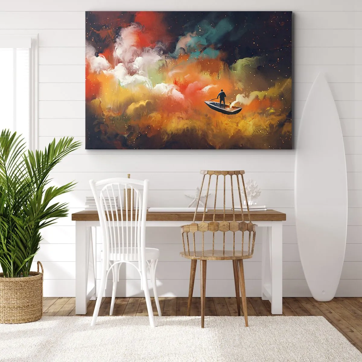 Impression sur toile - Image sur toile - Une silhouette dans un bateau sur un fond de nuages colorés - 70x50cm - En bateau à travers la galaxie - Décoration murale moderne pour le salon et la chambre ARTTOR
