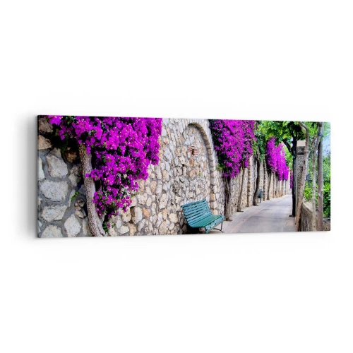 Impression sur toile - Image sur toile - Un chemin de pierre avec un banc et des fleurs violettes en fleurs - 140x50cm - Rencontrons-nous au plus vite - Décoration murale moderne pour le salon et la chambre ARTTOR