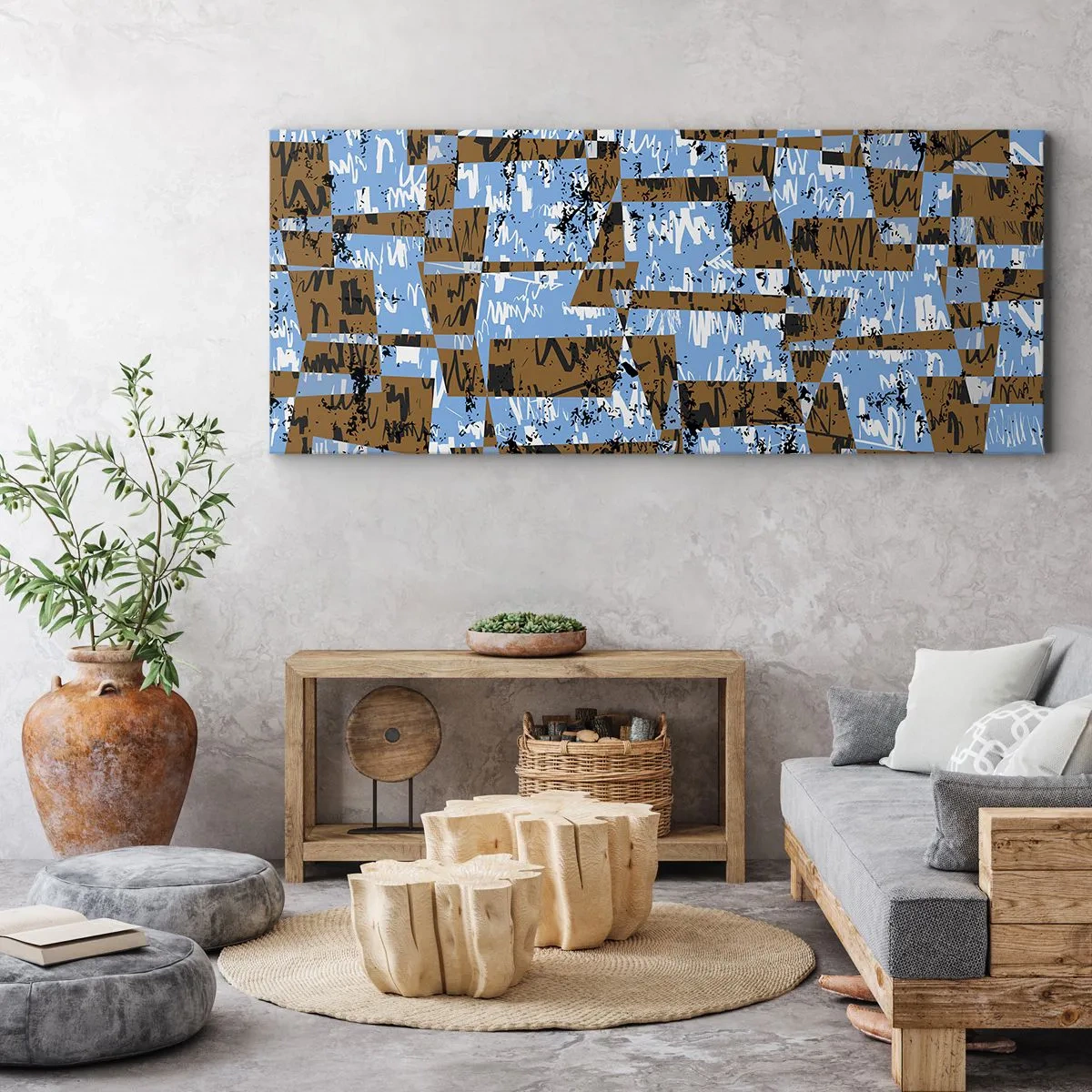 Impression sur toile - Image sur toile - Une composition abstraite de rectangles dans des tons de marron et de bleu. - 120x50cm - Une découpe non humaine - Décoration murale moderne pour le salon et la chambre ARTTOR