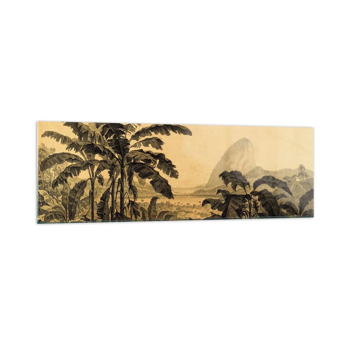 Impression sur verre - Image sur verre - Dessin de bananiers sur fond de paysage tropical - 160x50cm - Dans un climat colonial - Décoration murale moderne pour le salon et la chambre ARTTOR