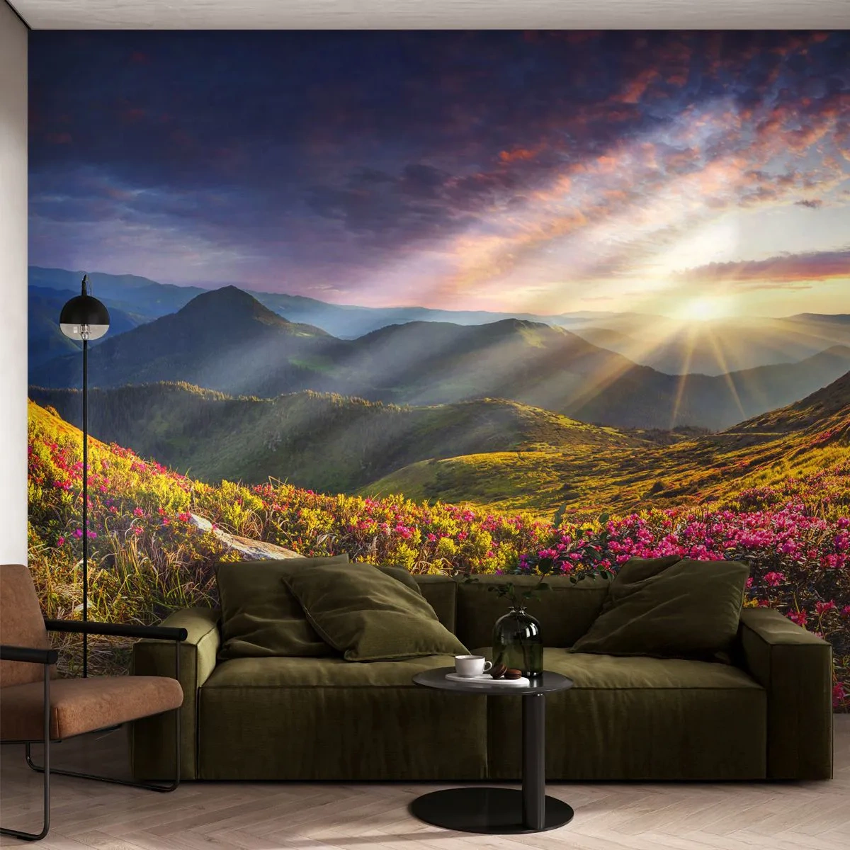 Papier Peint Autocollant Deluxe Sticker - Fraîcheur matinale en montagne - Paysage, Montagnes, Fleurs - 250x175 cm