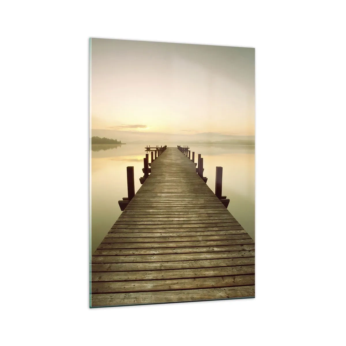 Impression sur verre - Image sur verre - Une jetée en bois sur un lac calme le matin - 70x100cm - L'aube, les premières lueurs, le jour - Décoration murale moderne pour le salon et la chambre ARTTOR