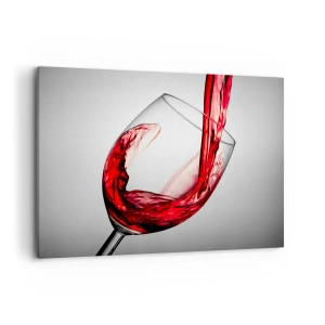 Impression sur toile - Image sur toile - Un verre de vin rouge versé sur un fond clair - 120x80cm - Nuance - mouvement - son - Décoration murale moderne pour le salon et la chambre ARTTOR