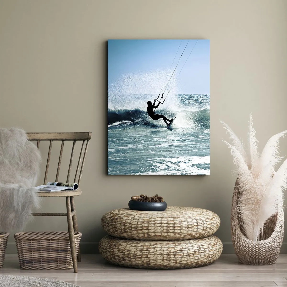 Impression sur toile - Image sur toile - Kitesurfeur sur une vague en plein soleil - 50x70cm - On se laisse emporter - Décoration murale moderne pour le salon et la chambre ARTTOR