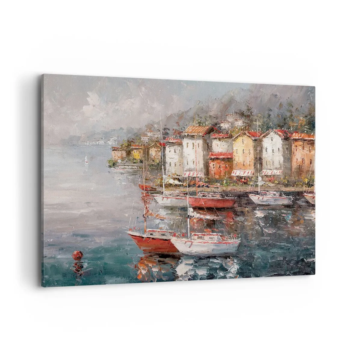 Impression sur toile - Image sur toile - Paysage de bord de mer avec des bateaux et des maisons colorées - 100x70cm - Havre romantique - Décoration murale moderne pour le salon et la chambre ARTTOR