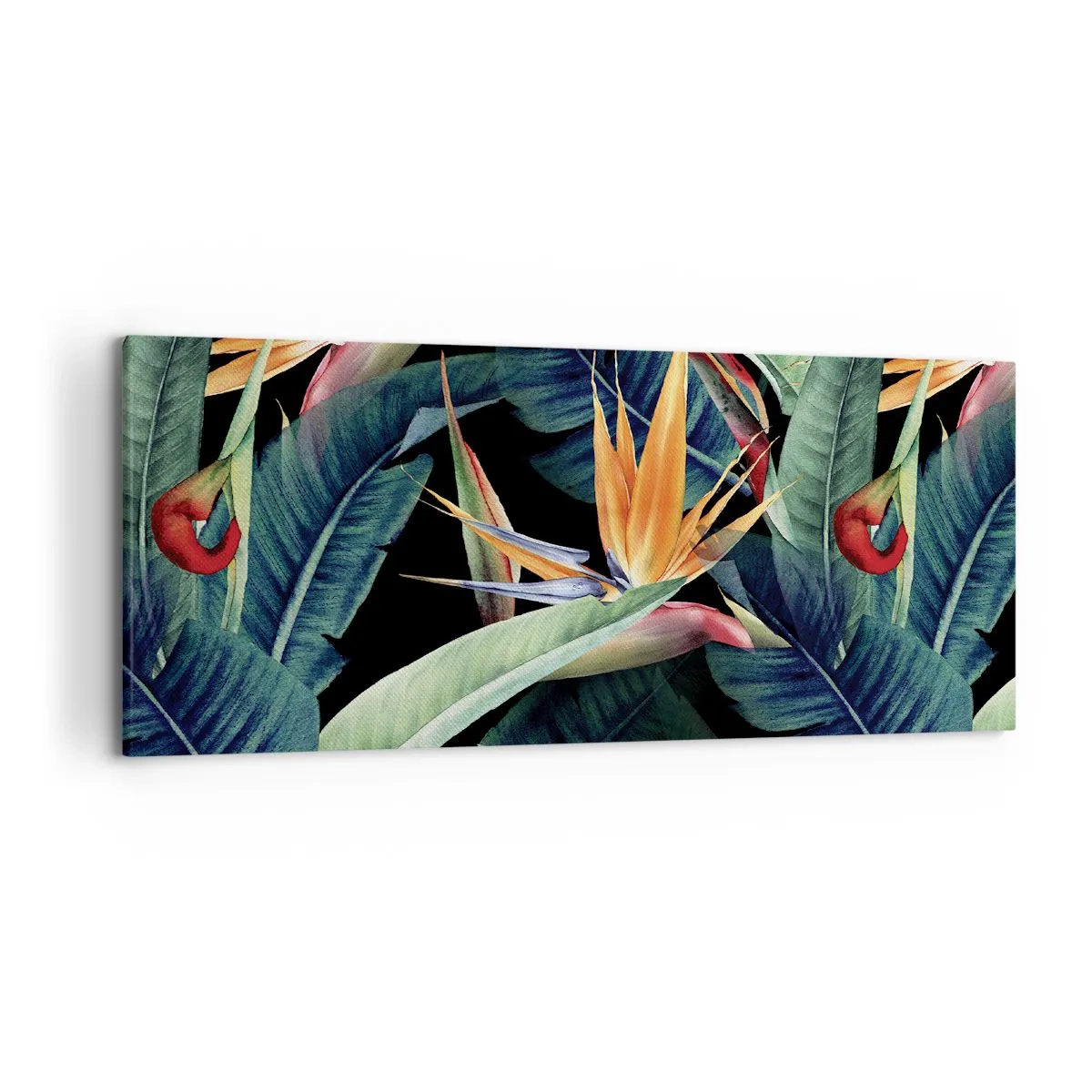 Impression sur toile - Image sur toile - Fleurs et feuilles tropicales sur fond noir - 120x50cm - Fleurs flamboyantes des tropiques - Décoration murale moderne pour le salon et la chambre ARTTOR