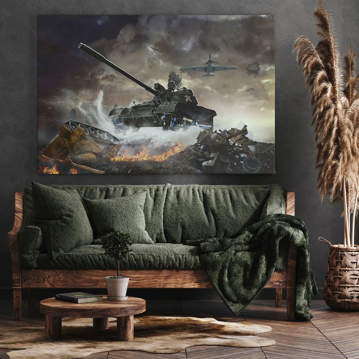 Impression sur toile - Image sur toile - Scène de bataille avec des chars et des avions en arrière-plan - 70x50cm - La bataille est terrible et belle - Décoration murale moderne pour le salon et la chambre ARTTOR