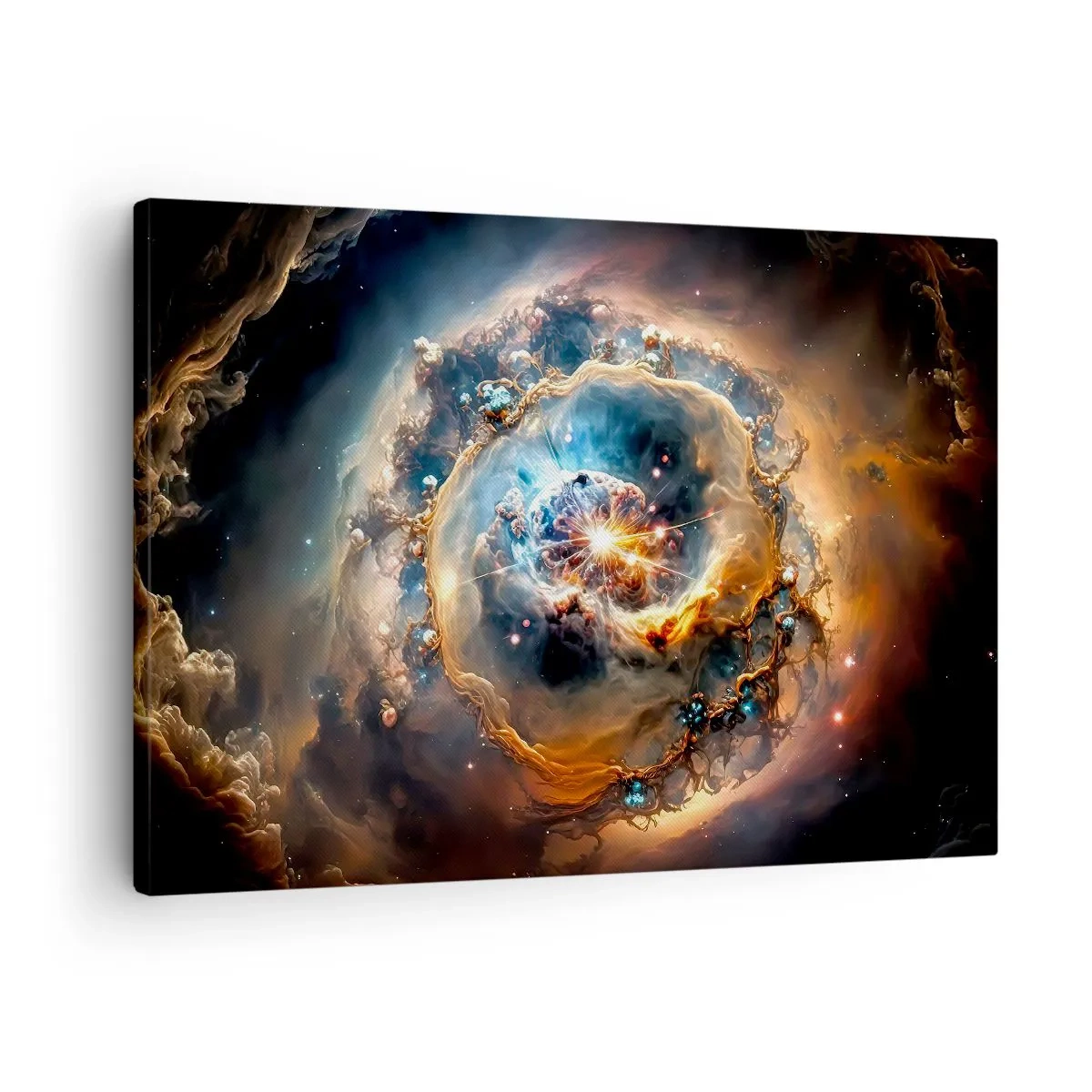 Impression sur toile - Image sur toile - Une vision abstraite d'une explosion cosmique dans des tons d'or et de bleu. - 70x50cm - Le début - Décoration murale moderne pour le salon et la chambre ARTTOR