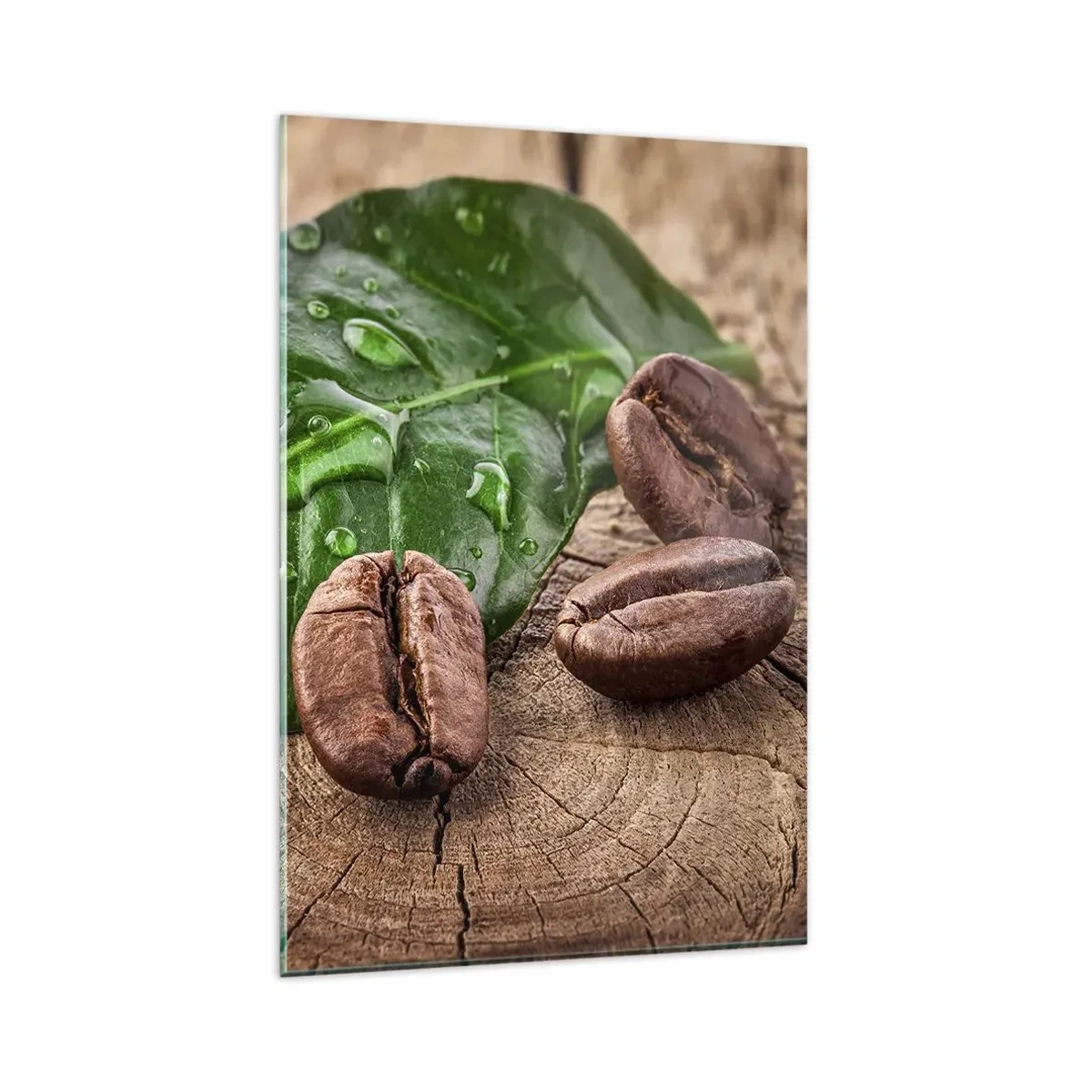 Impression sur verre - Image sur verre - Grains de café et feuille verte sur fond de bois - 80x120cm - La plus vraie et noire - Décoration murale moderne pour le salon et la chambre ARTTOR