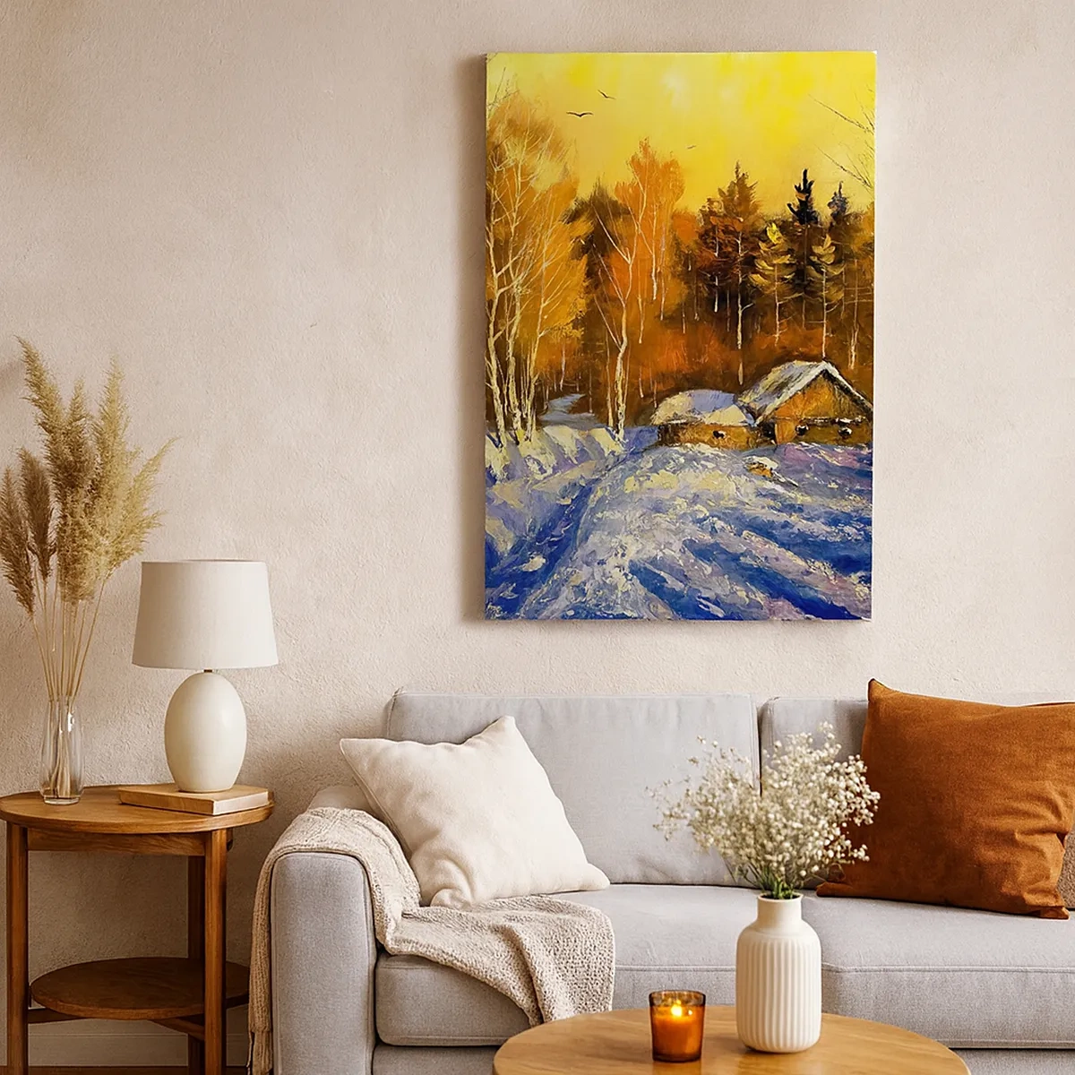 Impression sur toile - Image sur toile - Paysage d'hiver avec une maison à la lumière du soleil couchant - 50x70cm - Impression d'hiver au soleil - Décoration murale moderne pour le salon et la chambre ARTTOR
