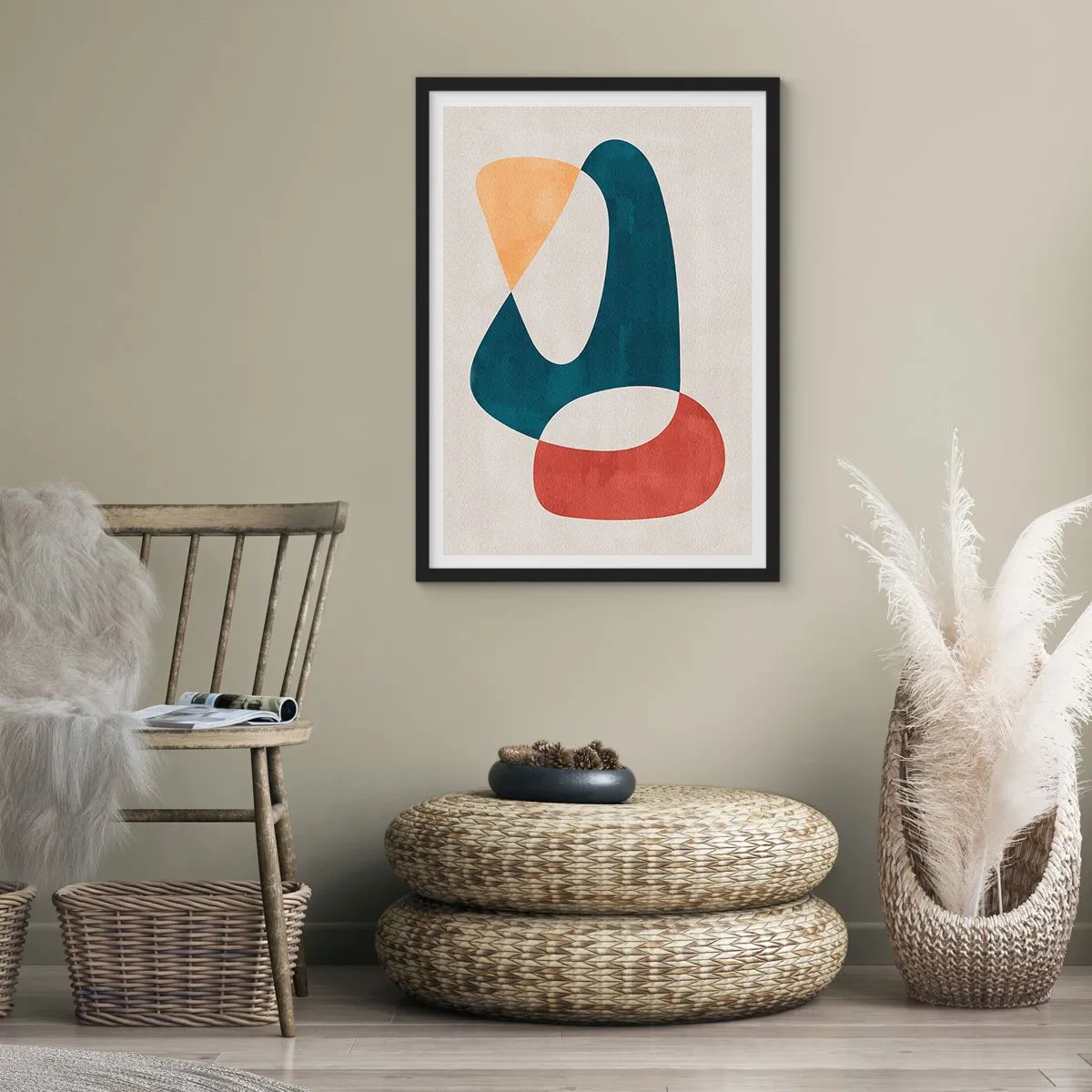 Affiche dans un cadre noir - Poster - Une composition abstraite de formes géométriques aux couleurs chaudes. - 50x70cm - Influences et métamorphoses - Décoration murale moderne pour le salon et la chambre ARTTOR