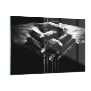 Impression sur verre - Image sur verre - Mains jointes posées sur le manche de la guitare en noir et blanc - 120x80cm - Prière d'artiste - Décoration murale moderne pour le salon et la chambre ARTTOR