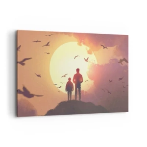 Impression sur toile - Image sur toile - Personnages sur fond de soleil couchant - 120x80cm - Face à face avec le soleil - Décoration murale moderne pour le salon et la chambre ARTTOR