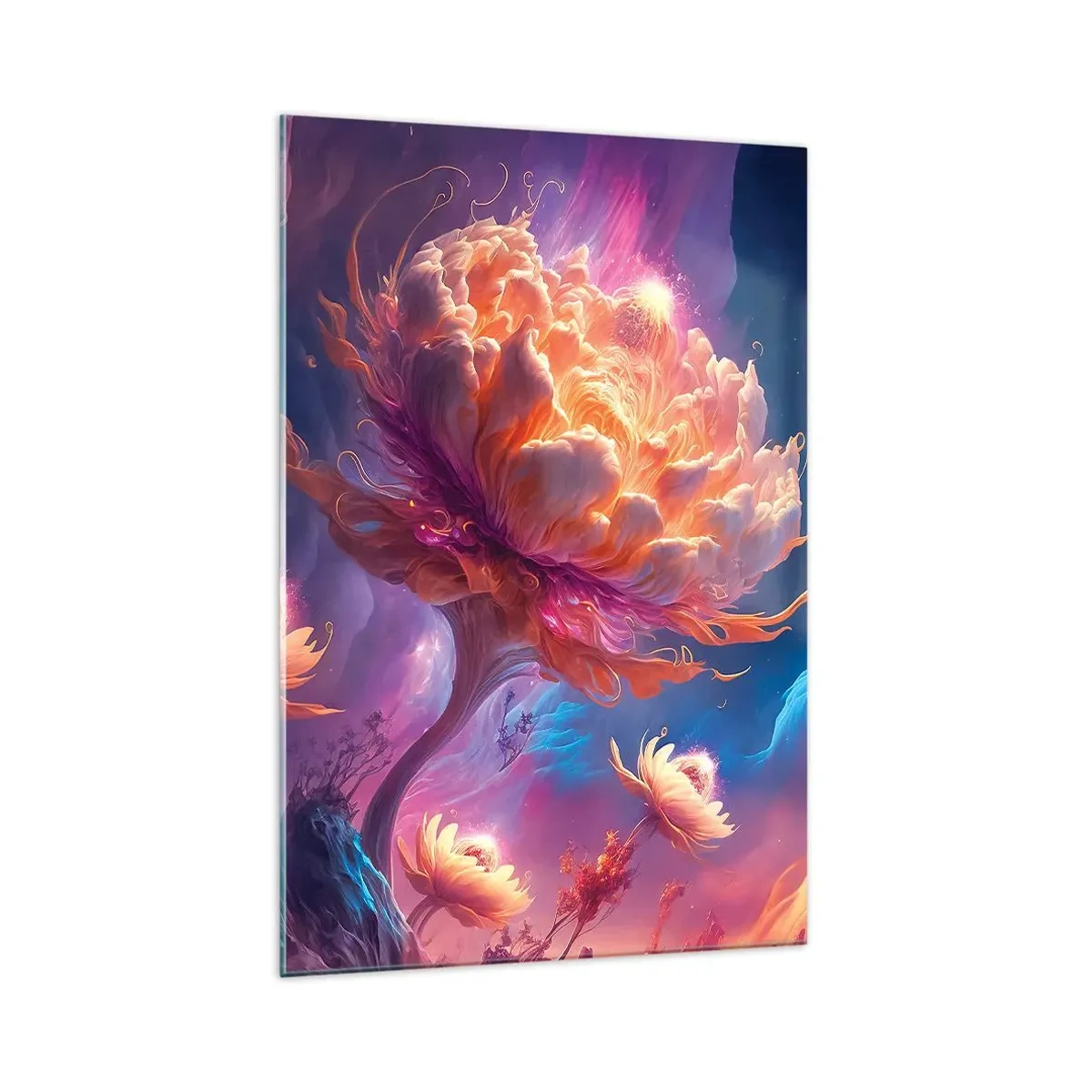 Impression sur verre - Image sur verre - Fleurs fantastiques dans un paysage cosmique - 70x100cm - Un autre monde - Décoration murale moderne pour le salon et la chambre ARTTOR