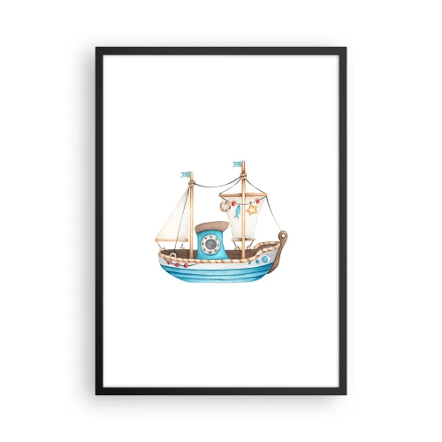 Affiche dans un cadre noir - Poster - Aquarelle de bateau dans des tons pastel de bleu et de beige - 50x70cm - Ohé, l'aventure ! - Décoration murale moderne pour le salon et la chambre ARTTOR