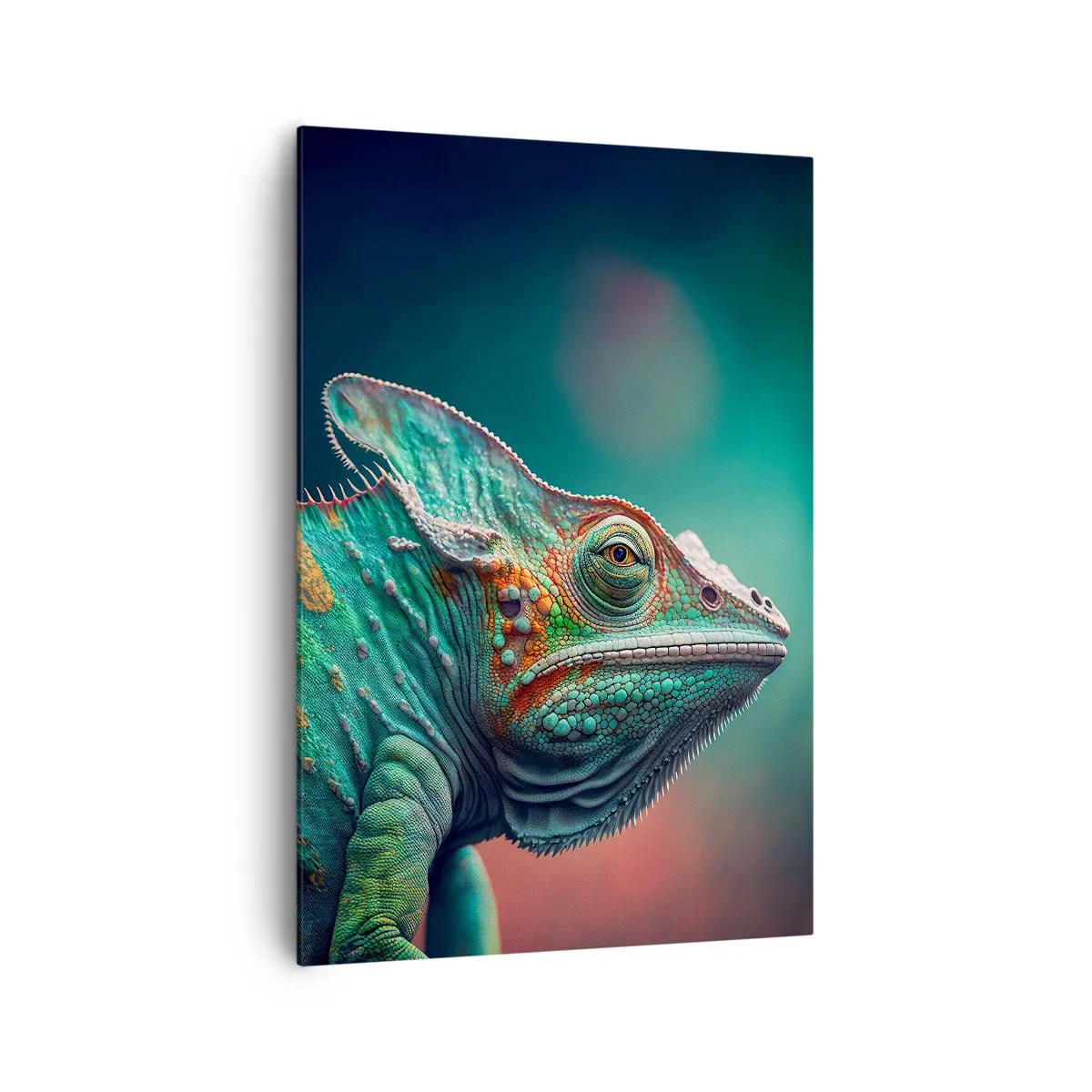 Impression sur toile - Image sur toile - Gros plan d'un caméléon aux couleurs intenses - 70x100cm - Vous me voyez? Pas bien… - Décoration murale moderne pour le salon et la chambre ARTTOR