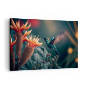 Impression sur toile - Image sur toile - Un colibri coloré parmi des fleurs sur un fond naturel - 100x70cm - une vie vraiment colorée - Décoration murale moderne pour le salon et la chambre ARTTOR