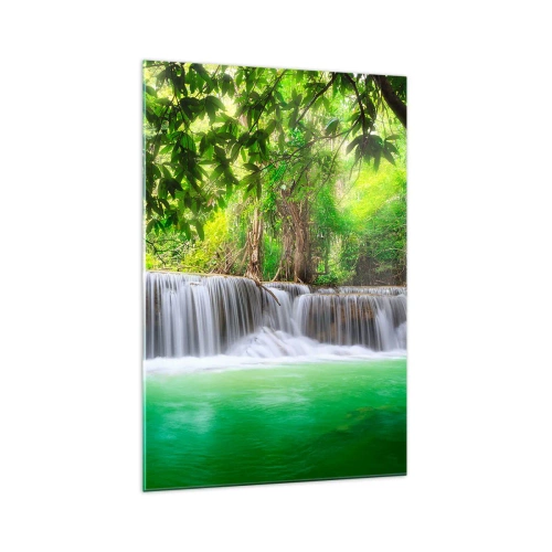Impression sur verre - Image sur verre - Une cascade verte entourée d'une végétation tropicale dense - 70x100cm - Une cascade de vert - Décoration murale moderne pour le salon et la chambre ARTTOR