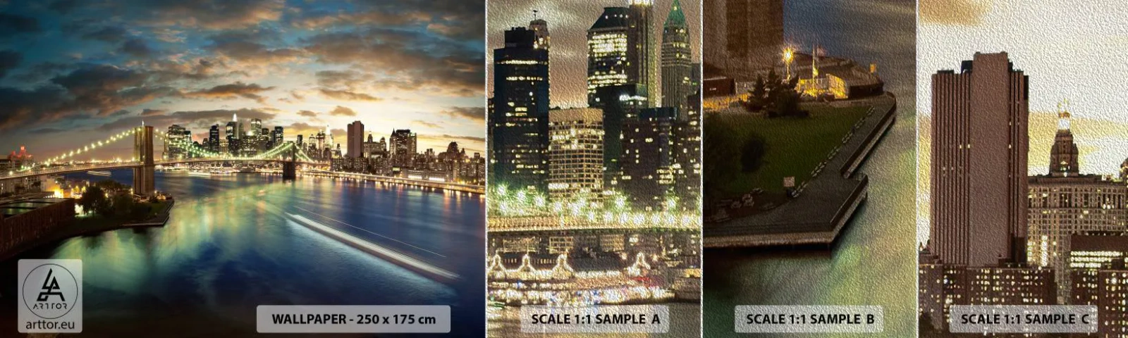 Échantillon de Papier Peint Premium Sand - Une soirée lumineuse sur Manhattan - Ville, Pont, New York - 100x30 cm