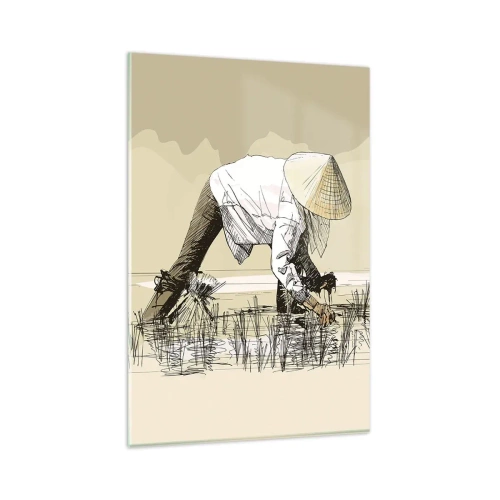 Impression sur verre - Image sur verre - Des agriculteurs travaillant dans une rizière portant des coiffures traditionnelles - 80x120cm - Récolte réussie - Décoration murale moderne pour le salon et la chambre ARTTOR