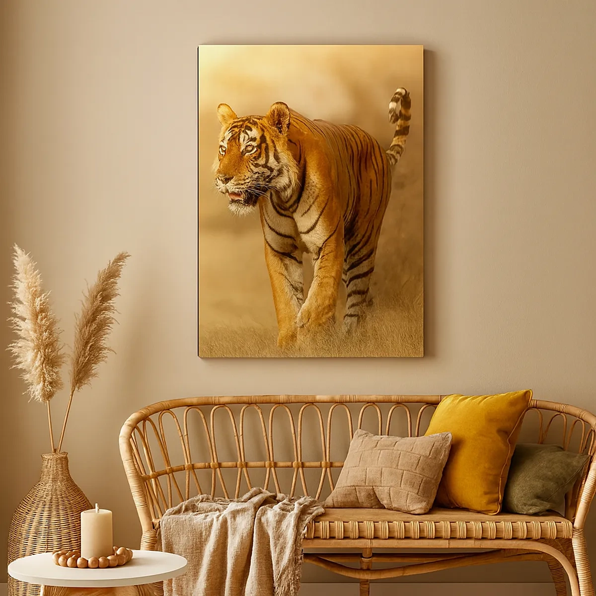 Impression sur toile - Image sur toile - Un tigre marchant dans la savane aux couleurs chaudes - 50x70cm - Avant l'attaque - Décoration murale moderne pour le salon et la chambre ARTTOR
