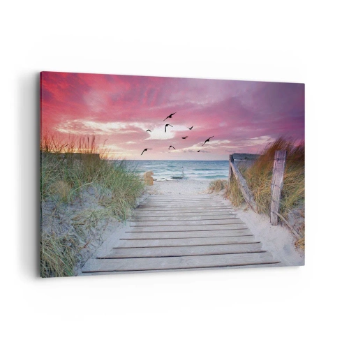 Impression sur toile - Image sur toile - Chemin en bois sur la plage au coucher du soleil rose - 120x80cm - Impression de la Baltique - Décoration murale moderne pour le salon et la chambre ARTTOR