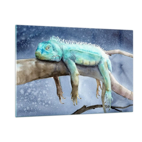 Impression sur verre - Image sur verre - Iguane bleu couché sur une branche dans un style aquarelle - 120x80cm - Tout va bien! - Décoration murale moderne pour le salon et la chambre ARTTOR