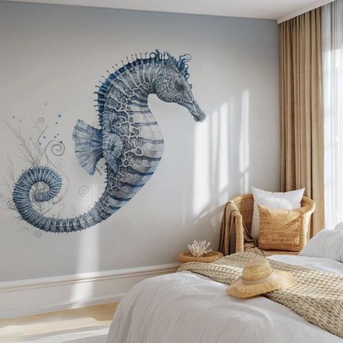 Papier Peint Photo Standard Eco - Hippocampe décoratif dans les tons bleu et gris - 100x70cm - Une subtile plaisanterie de la nature - Décoration murale moderne pour le salon et la chambre ARTTOR