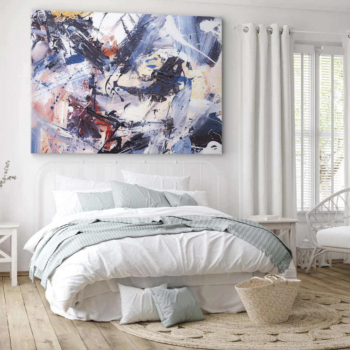 Impression sur toile - Image sur toile - Abstraction avec des coups de pinceau dynamiques en bleu et rouge. - 120x80cm - La danse folle de l'abstrait - Décoration murale moderne pour le salon et la chambre ARTTOR