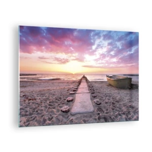 Impression sur verre - Image sur verre - Plage au coucher du soleil avec bateau et jetée - 70x50cm - Moment d'expérience profonde - Décoration murale moderne pour le salon et la chambre ARTTOR