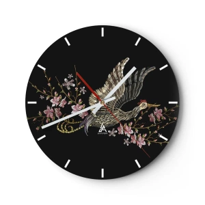 Horloge murale - Pendule murale - Un oiseau en vol parmi des fleurs sur fond noir - 30x30cm - Oiseau brodé exotique - Décoration murale moderne pour le salon, la cuisine et la chambre ARTTOR