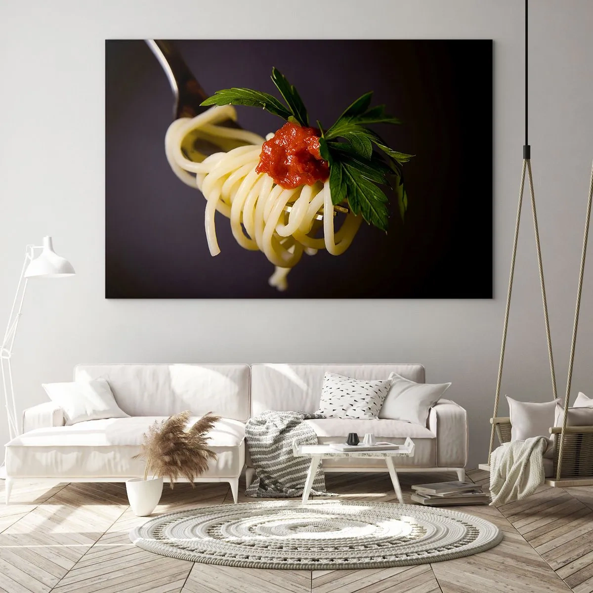 Impression sur verre - Image sur verre - Spaghettis à la fourchette avec sauce tomate - 70x50cm - Une bouchée savoureuse - Décoration murale moderne pour le salon et la chambre ARTTOR
